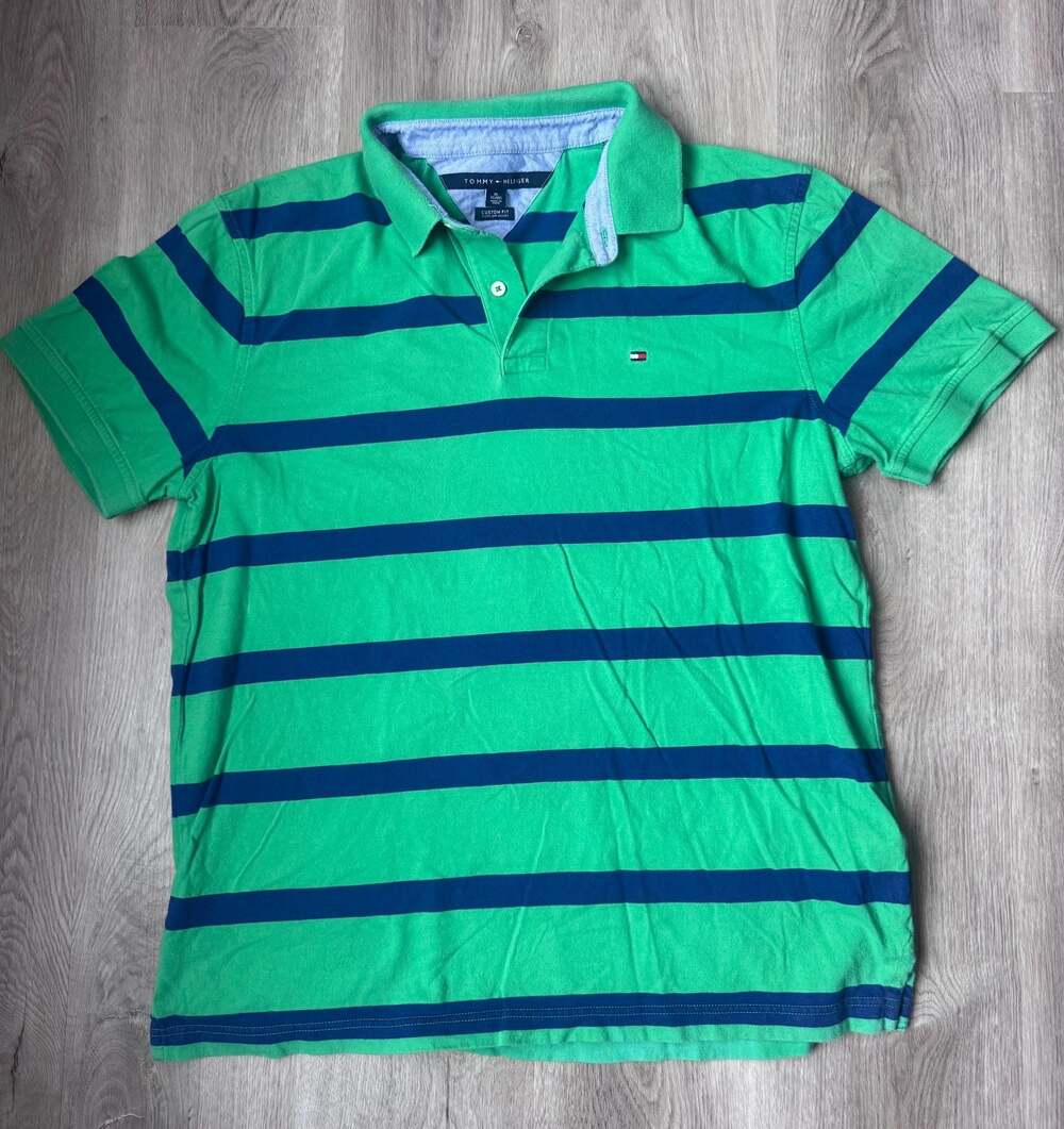 Tommy Hilfiger Men's Custom Fit Green and Navy Blue Striped Short Sleeve Polo Sh